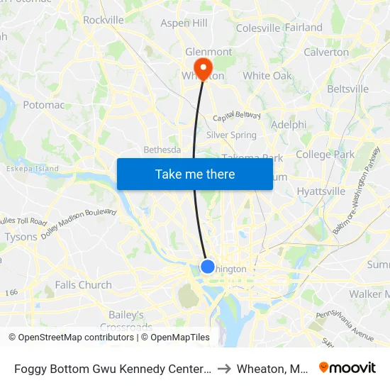Foggy Bottom Gwu Kennedy Center Metro Station to Wheaton, Maryland map