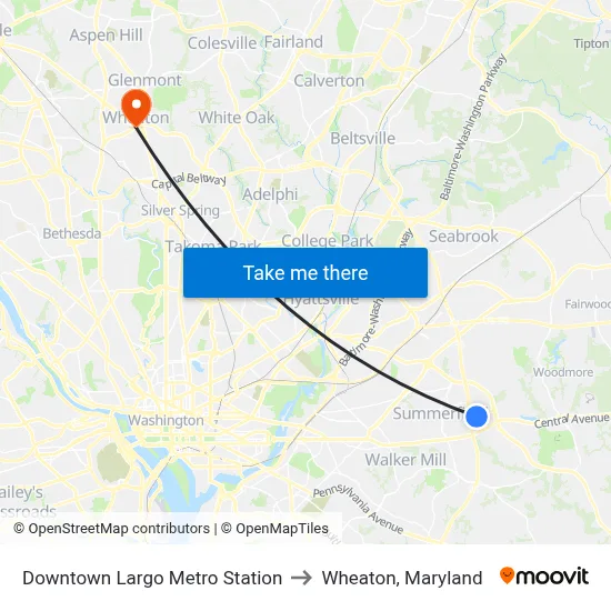 Downtown Largo Metro Station to Wheaton, Maryland map