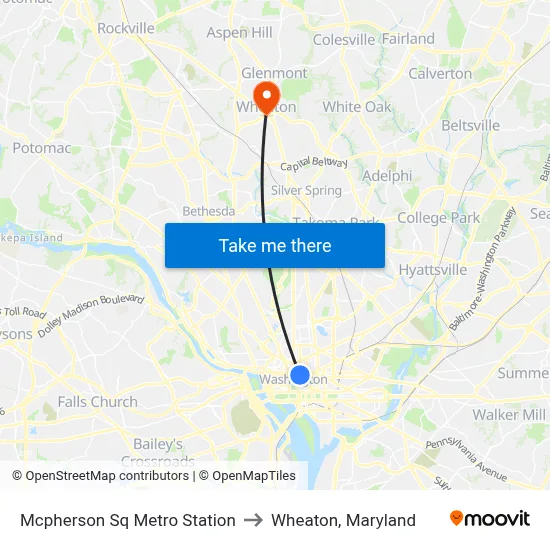Mcpherson Sq Metro Station to Wheaton, Maryland map