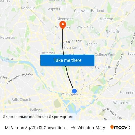 Mt Vernon Sq/7th St-Convention Center to Wheaton, Maryland map