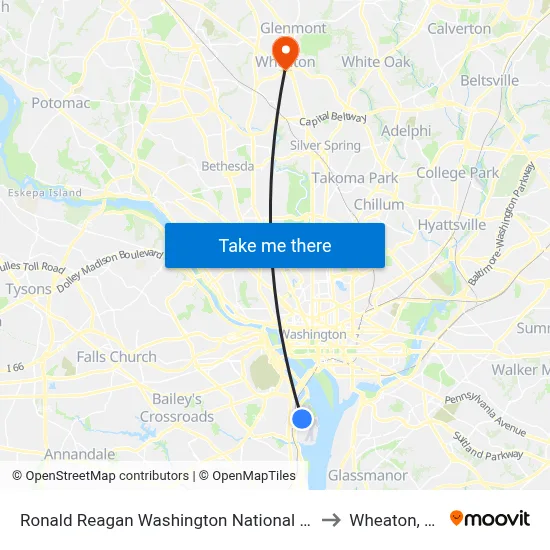 Ronald Reagan Washington National Airport Metrorail Station to Wheaton, Maryland map