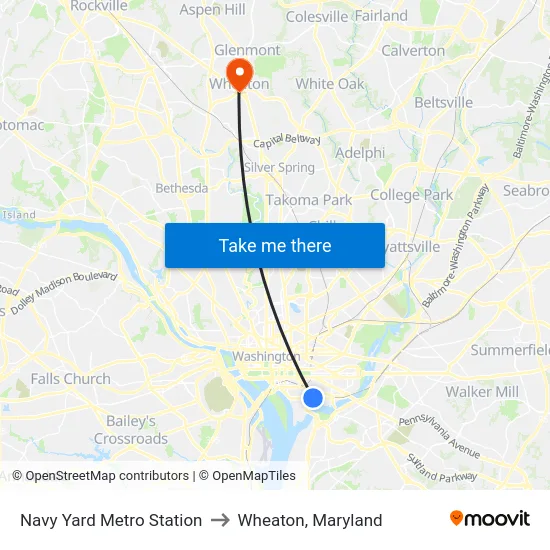 Navy Yard Metro Station to Wheaton, Maryland map