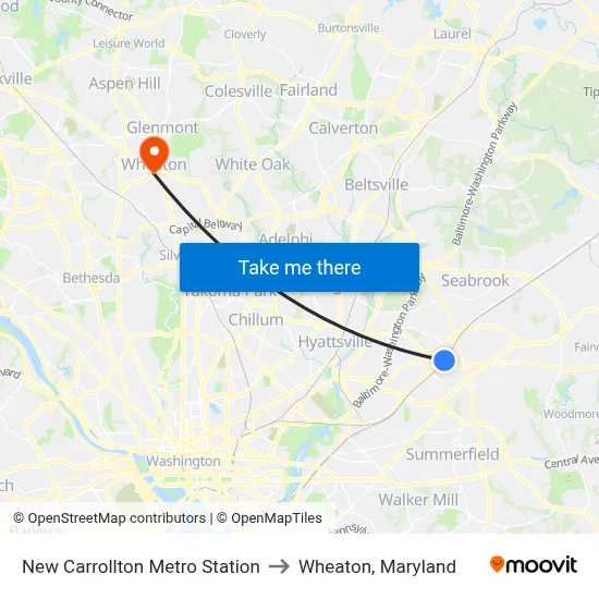 New Carrollton Metro Station to Wheaton, Maryland map