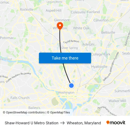 Shaw-Howard U Metro Station to Wheaton, Maryland map