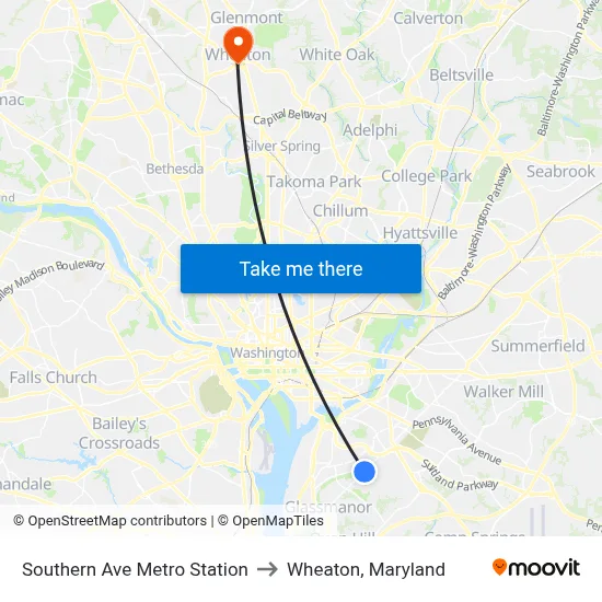 Southern Ave Metro Station to Wheaton, Maryland map