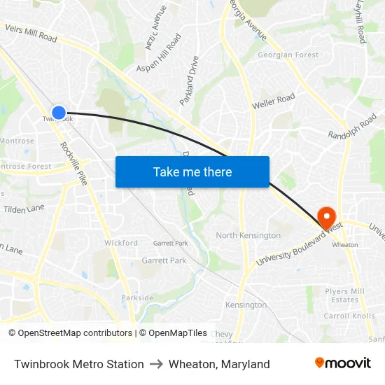 Twinbrook Metro Station to Wheaton, Maryland map