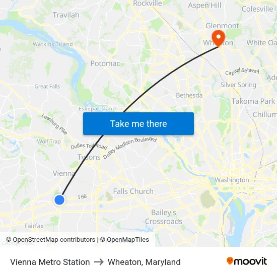Vienna Metro Station to Wheaton, Maryland map