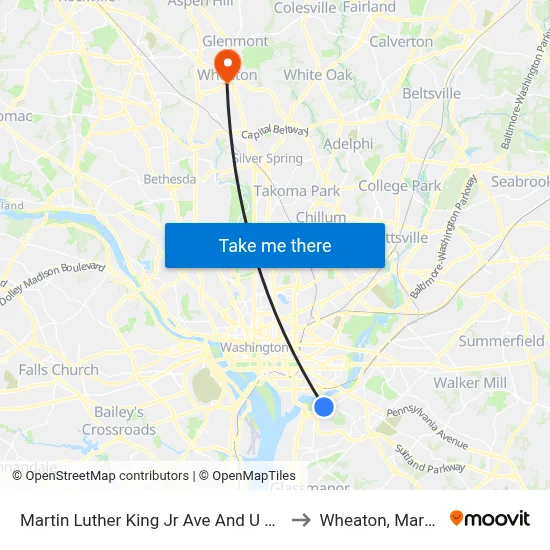 Martin Luther King Jr Ave And U Street SE to Wheaton, Maryland map