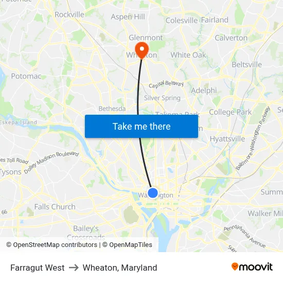 Farragut West to Wheaton, Maryland map