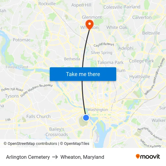 Arlington Cemetery to Wheaton, Maryland map