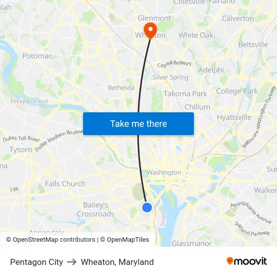 Pentagon City to Wheaton, Maryland map