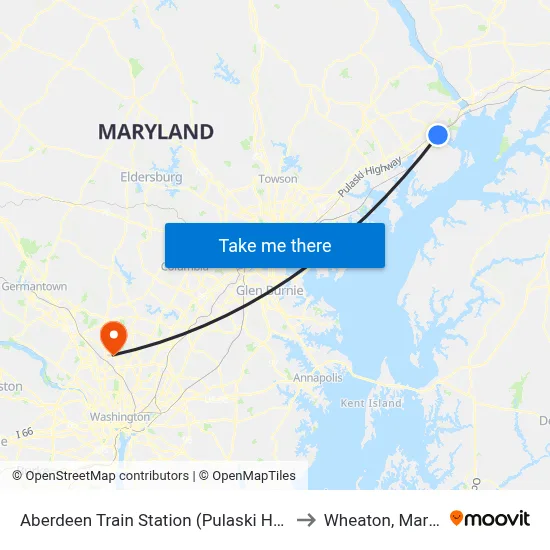 Aberdeen Train Station (Pulaski Hwy/Us 40) to Wheaton, Maryland map