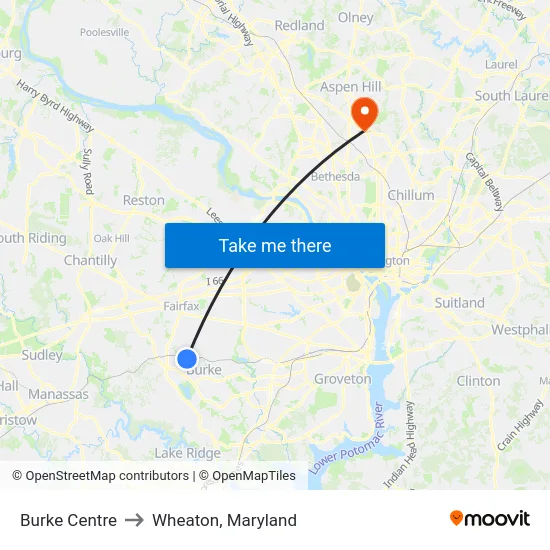 Burke Centre to Wheaton, Maryland map