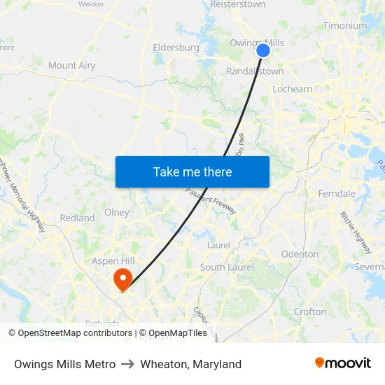 Owings Mills Metro to Wheaton, Maryland map