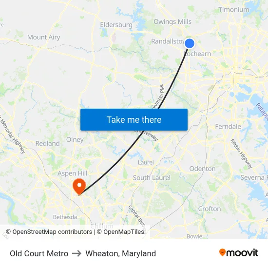 Old Court Metro to Wheaton, Maryland map