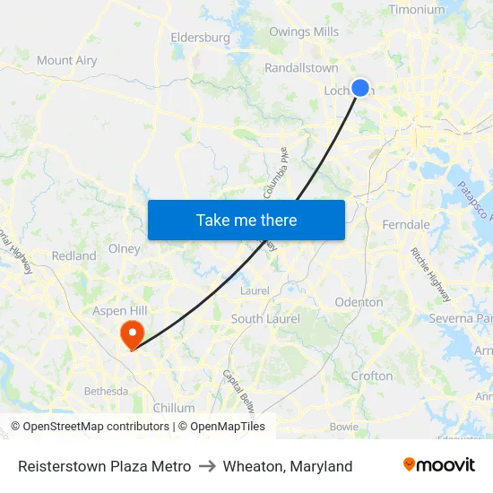 Reisterstown Plaza Metro to Wheaton, Maryland map