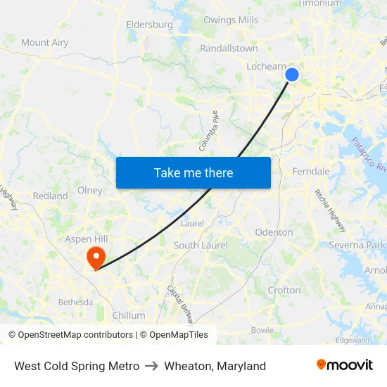 West Cold Spring Metro to Wheaton, Maryland map