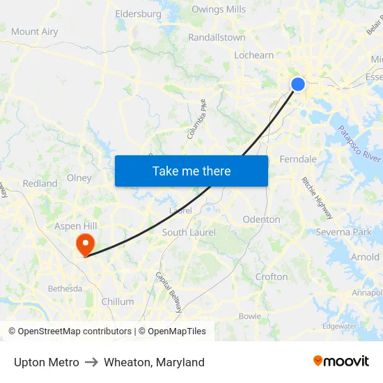 Upton Metro to Wheaton, Maryland map