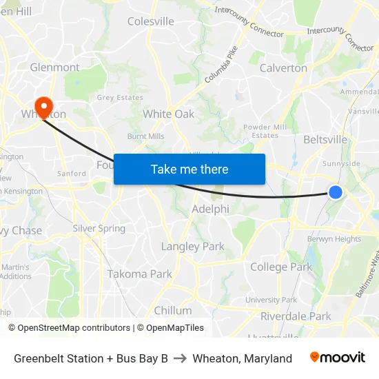Greenbelt Station + Bus Bay B to Wheaton, Maryland map