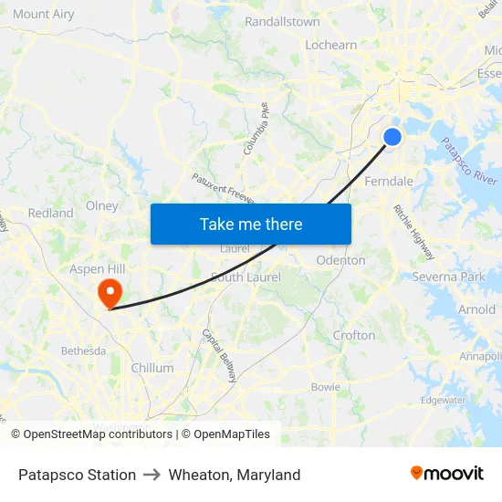 Patapsco Station to Wheaton, Maryland map