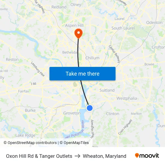 Oxon Hill Rd & Tanger Outlets to Wheaton, Maryland map