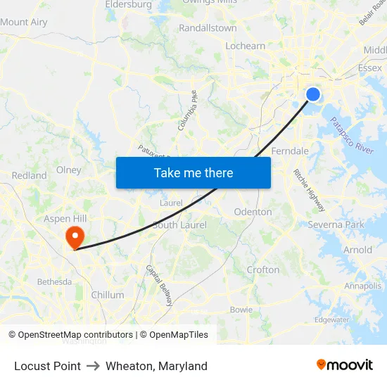 Locust Point to Wheaton, Maryland map