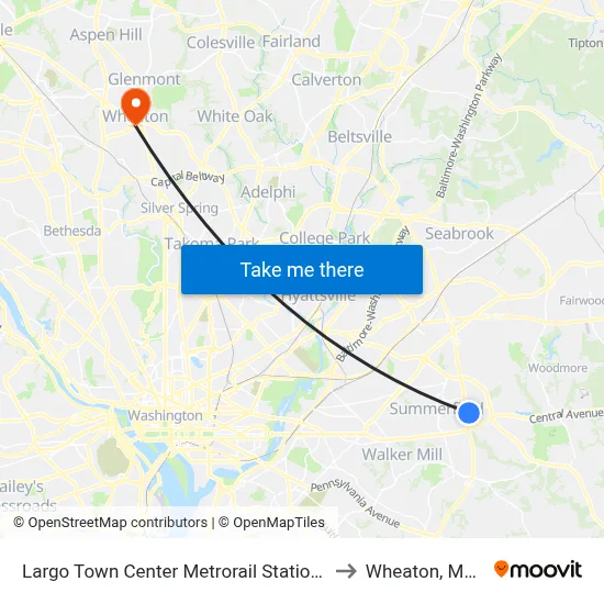 Largo Town Center Metrorail Station at Bus Bay F to Wheaton, Maryland map