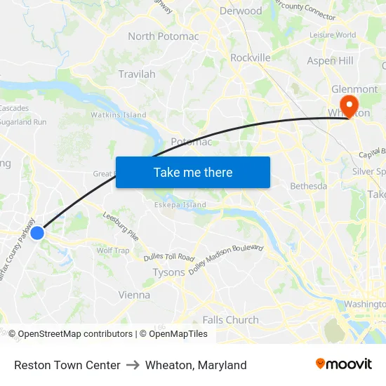 Reston Town Center to Wheaton, Maryland map
