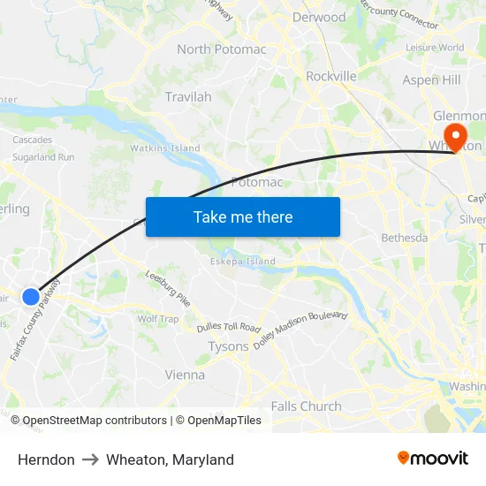 Herndon to Wheaton, Maryland map