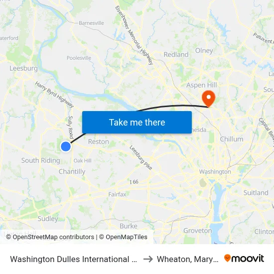 Washington Dulles International Airport to Wheaton, Maryland map