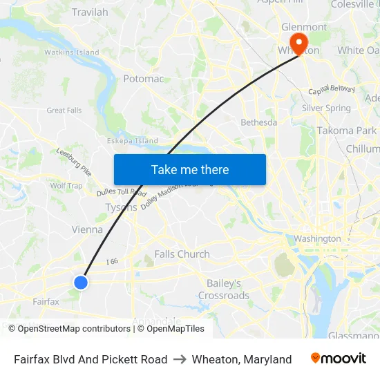 Fairfax Blvd And Pickett Road to Wheaton, Maryland map