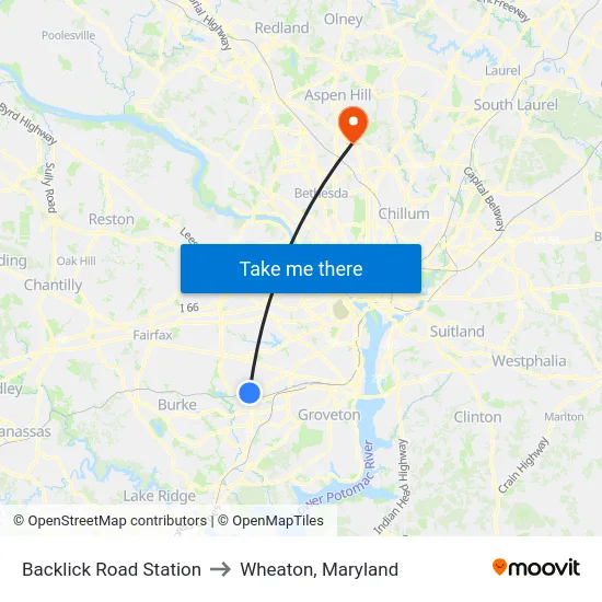 Backlick Road Station to Wheaton, Maryland map