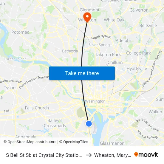 S Bell St Sb at Crystal City Station Bay A to Wheaton, Maryland map