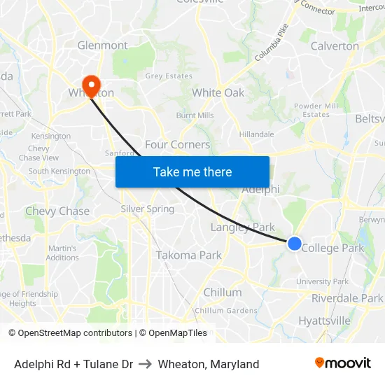 Adelphi Rd + Tulane Dr to Wheaton, Maryland map