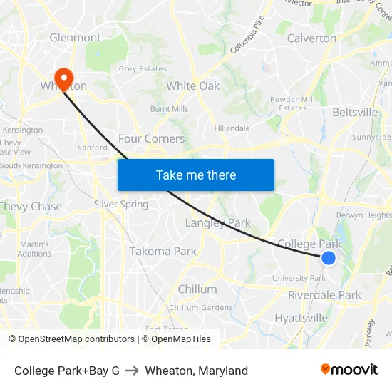 College Park+Bay G to Wheaton, Maryland map
