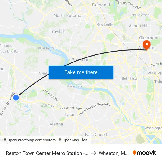 Reston Town Center Metro Station - North Bus Bay to Wheaton, Maryland map