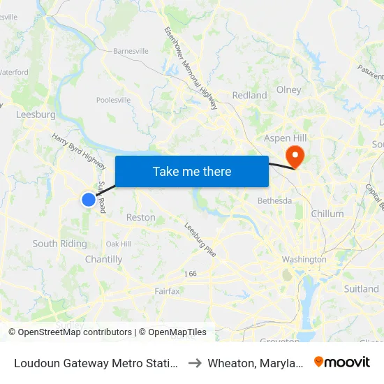 Loudoun Gateway Metro Station to Wheaton, Maryland map
