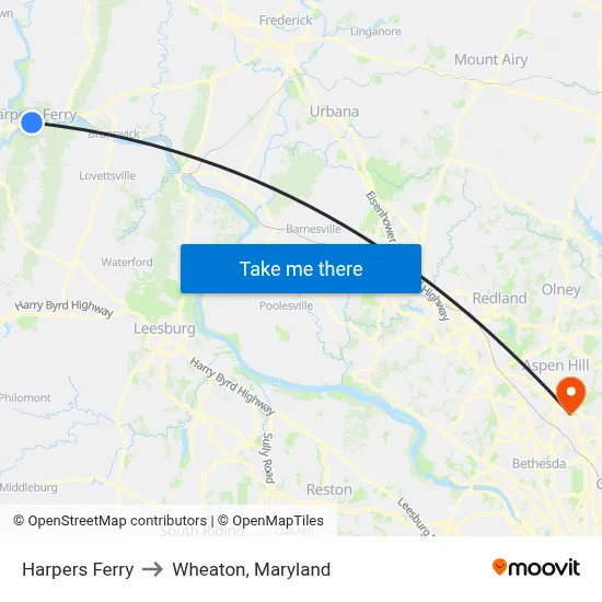 Harpers Ferry to Wheaton, Maryland map