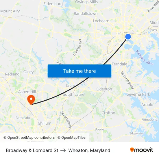 Broadway & Lombard St to Wheaton, Maryland map