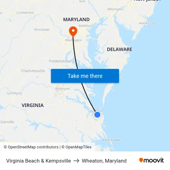 Virginia Beach & Kempsville to Wheaton, Maryland map