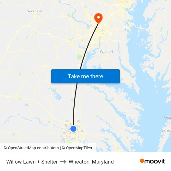 Willow Lawn + Shelter to Wheaton, Maryland map