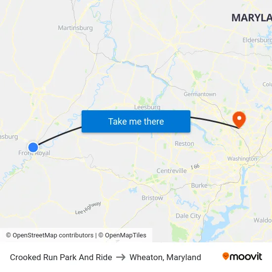 Crooked Run Park And Ride to Wheaton, Maryland map