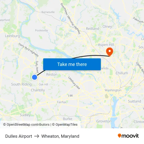 Dulles Airport to Wheaton, Maryland map