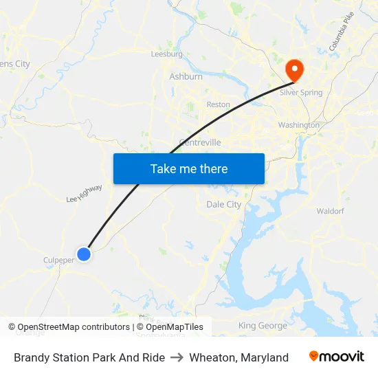 Brandy Station Park And Ride to Wheaton, Maryland map