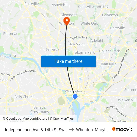 Independence Ave & 14th St Sw Wb to Wheaton, Maryland map