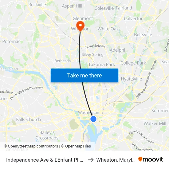 Independence Ave & L'Enfant Pl Sw Wb to Wheaton, Maryland map
