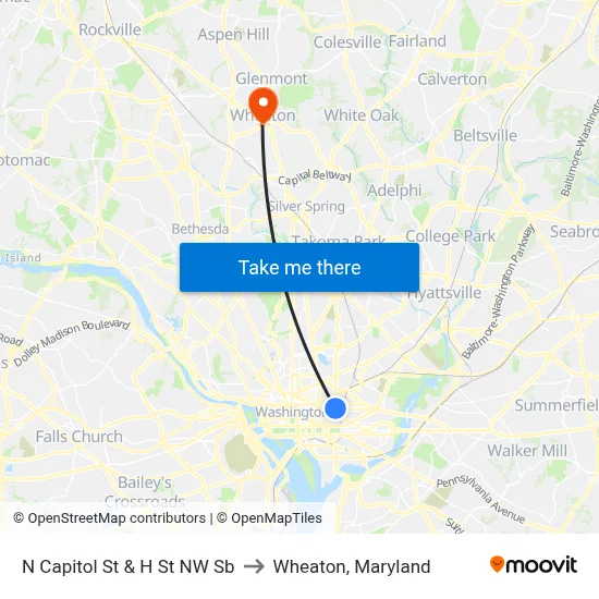 N Capitol St & H St NW Sb to Wheaton, Maryland map