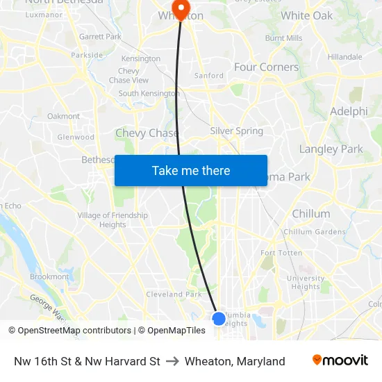 Nw 16th St & Nw Harvard St to Wheaton, Maryland map