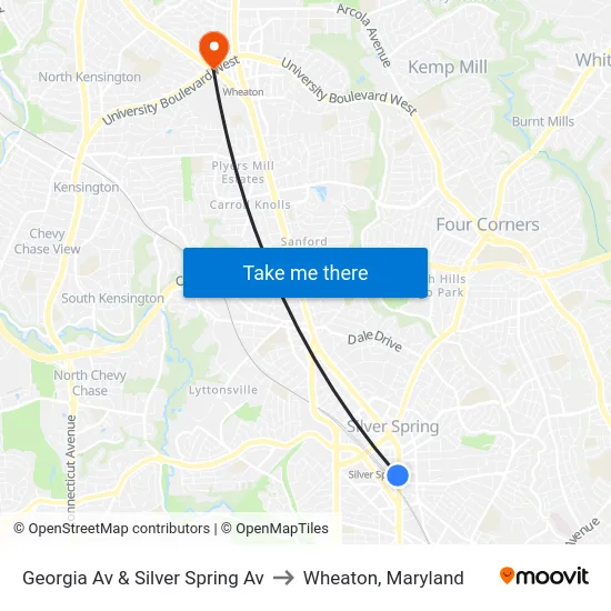 Georgia Av & Silver Spring Av to Wheaton, Maryland map
