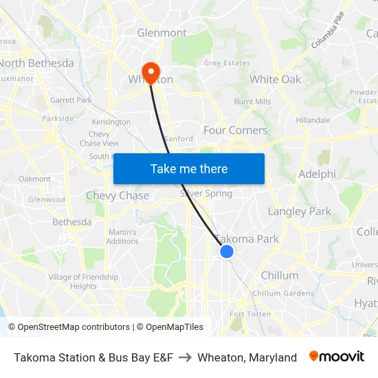 Takoma Station & Bus Bay E&F to Wheaton, Maryland map
